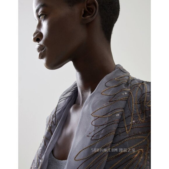 Brunello Cucinelli Silk Top Blouse with Monili and Sequin Trim Gray Size L - Picture 11 of 12